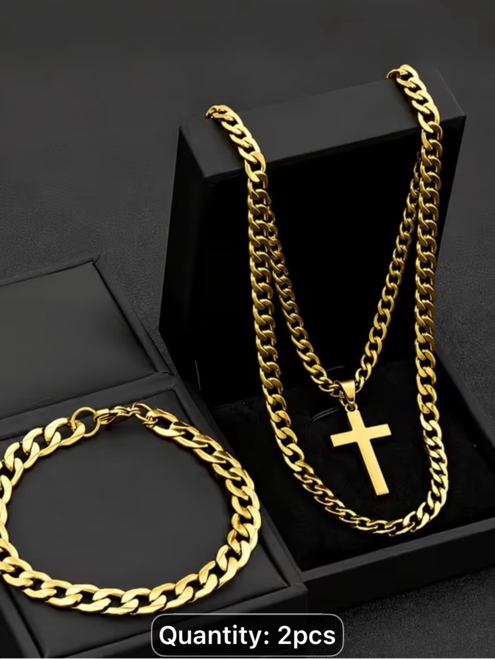 2 pcs Gold toned stainless steel Cuban Link cross necklace & Bracelet for Men